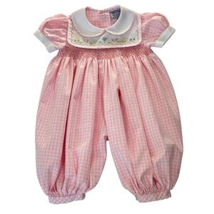Vtg FriedKnit Creations Infant Pink Plaid Smocked Embroidered Bubble Romper 3M